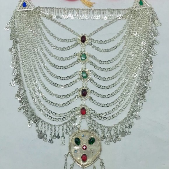 Multilayers Bib Necklace, Tribal Afghani Silver Kuchi Bib Necklace - Picture 8 of 13